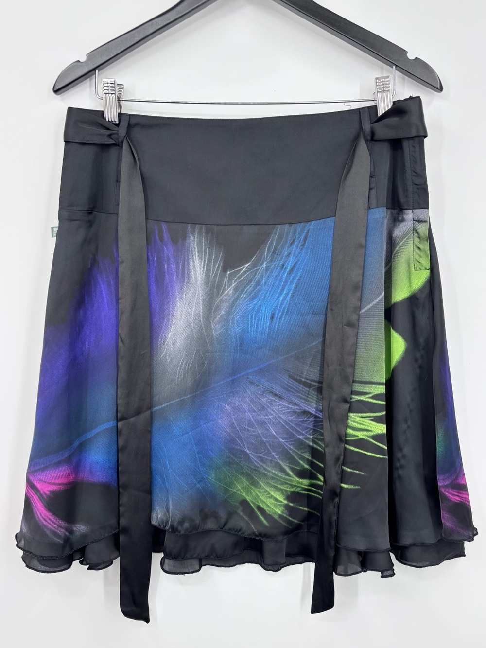 DEPT Black Layered A-Line Belted Skirt with Iridescent Feather Print, Medium
